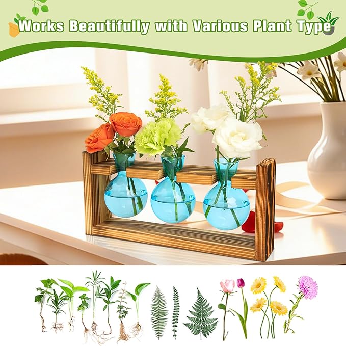 XXXFLOWER Propagation Station with Wooden Stand, 3 Bulb Glass Vase Plant Terrarium for Hydroponics Home Office Indoor Decor,Plant Gift for Mom Women Wife Friend Plant Lovers (Blue)