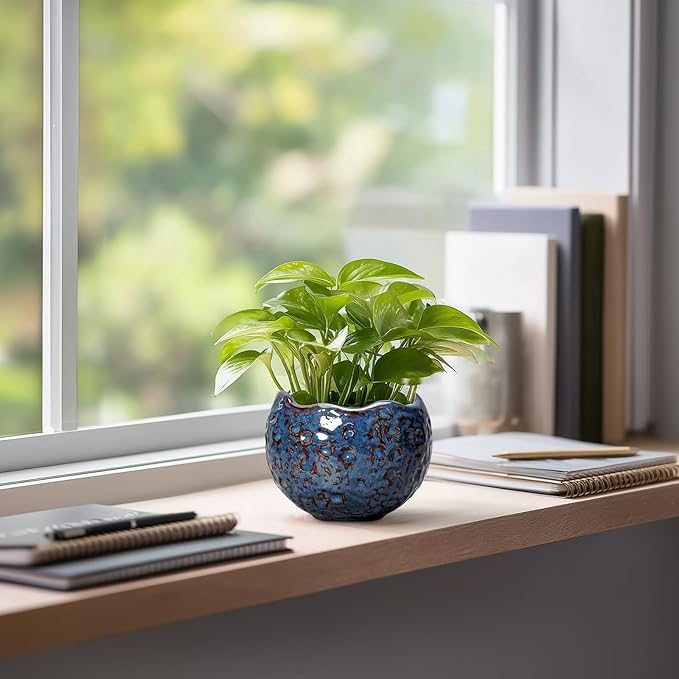 Ceramic Pots for Plants - 4 Inch Plant Pots for Indoor Outdoor, Small Planter with Drainage Hole, Unique Flower Pot, Decorative Modern Round Planter, Office Decor, Home Gifts, Retro Blue