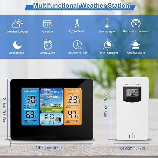 ALLOMN Weather Station Wireless Indoor Outdoor Thermometer, Color Display Digital Thermometer with Remote Sensor, Home Weather Station with Barometer Dual Alarm Clock, Forecast Station, Black