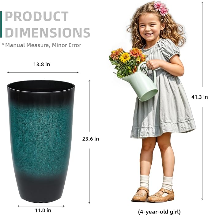 Autodaya 23.8" Tall Outdoor Planters Set of 2, Ceramic-Look Large Flower Pots for Indoor Outdoor Plants, All Seasons for Porch, Balcony, Garden, Patio or Home Art Decor, Gradient Turquoise Finish