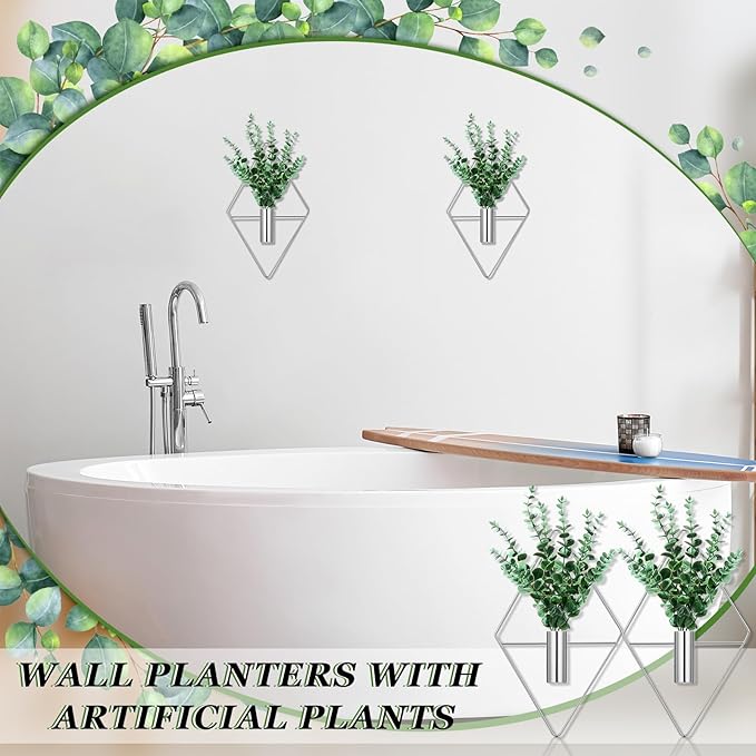 Canlierr 2 Pieces Wall Decor Hanging Planters with Artificial Plants Metal Hanging Vase Indoor Plants Holder Modern Boho Wall Art for Bathroom Bedroom Living Room Decor(Silver, Eucalyptus)