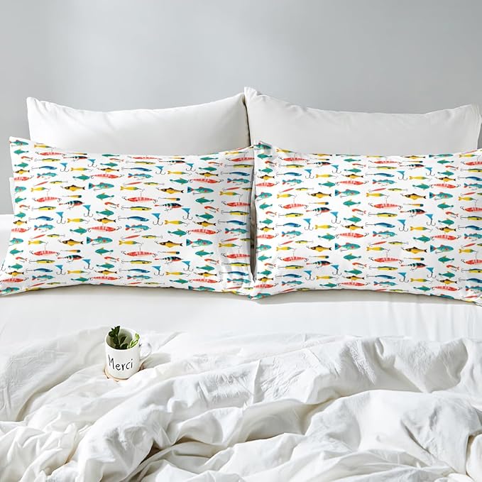 Fish Sheets Set Full Size Cute Fish Bait Sheets with Deep Pocket Fitted Sheet for Kids Boys Girls Colorful Fishing Hooks Bed Sheet Set Nature Fishing Theme Bed Set Room Decor 4Pcs with 2 Pillow Case
