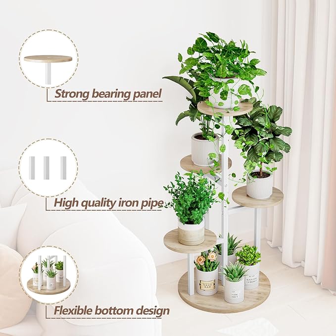 INGIORDAR Plant Stand Indoor Outdoor Corner Plant Shelf for Multiple Flower Pots Flower Stand Holder for Patio Garden Balcony Living Room (White+Sonoma Oak, 5 Tier)
