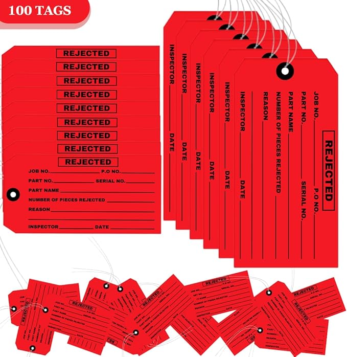 100 Rejected Tags Individually Pre-Wired - Red Inspection Cardstock Quality Control Tag with Reinforced Eyelet - 4-3/4" x 2-3/8" Pre- Attached Wire for Convenient Examinations
