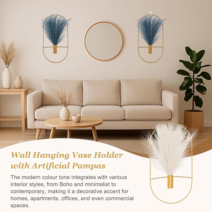 uxcell 4 Pcs Wall Decor Metal Gold Wall Art Hanging Planters with Artificial Pampas, Wall-Mounted Decor Metal for Display Artwork Plant Hanging Living Room Bedroom, Beige (Oval)