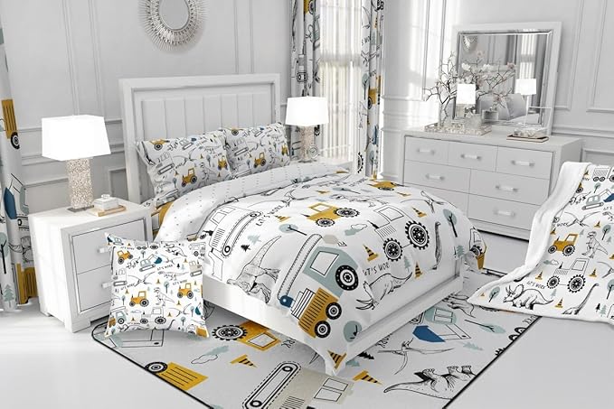 Feelyou Construction Comforter Set Queen Size Kids Cartoon Car Excavator Tractor Toddler Comforter Equipment Trucks Dinosaur Comforter Set Construction Vehicles White Yellow Duvet Set Quilt Set