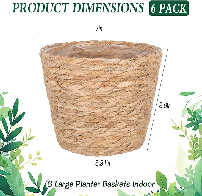 6 Pack Seagrass Planter Basket for Indoor Plants, 7 Inch Woven Plant Pot Cover with Leak-Proof Liner, Rustic Boho Flower Container for Home Decor, Organizing, and Concealing Nursery Pots