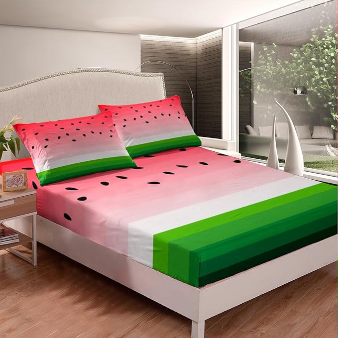 Feelyou Kids Bed Sheets Watermelon Bedding Set Twin Size Tropical Fruit Print Bed Sheet Set for Kids Girls Women Fresh Pineapple Stripe Sheets Set Breathable Super Soft Red Green Room Decor