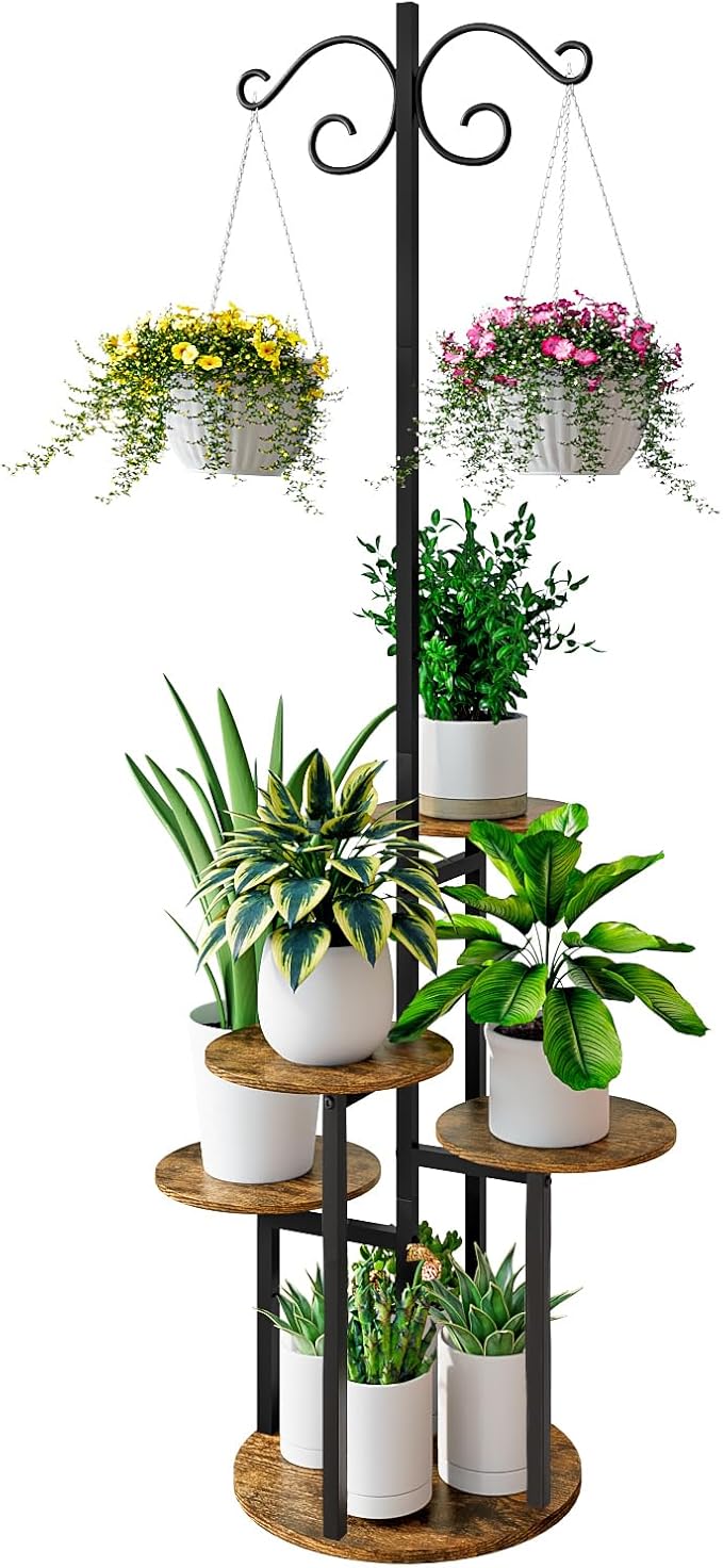INGIORDAR Plant Stand Indoor Outdoor Corner Plant Shelf for Multiple Flower Pots Flower Stand Holder for Patio Garden Balcony Living Room (Black+Rustic Brown, 5 Tier with Hook)