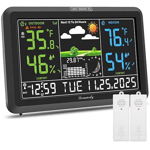 DreamSky Weather Station Indoor Outdoor Thermometer Wireless with Digital Atomic Clock for Home, Large Display with Dimmer, USB Port, Inside Outside Temperature Humidity Monitor (Plug-in)-2 Sensors