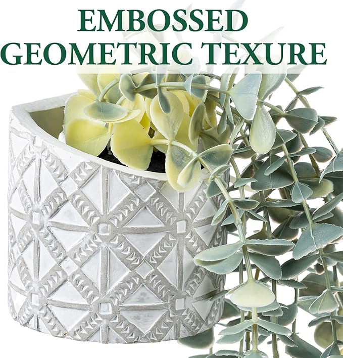 MyGift Wall Mounted Artificial Eucalyptus Plant in Modern Geometric Embossed Pattern Cement Concrete Planter Pot, Fake Faux Decorative Potted Greenery Decor