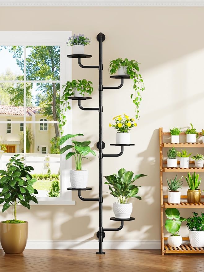 Plant Stand Indoor, 6-Tier Plant Shelf, Tall Wall Mounted Metal Pole & Rotating Wooden Board Plant Holder for French Window, Corner, Home Decor - C5 Black
