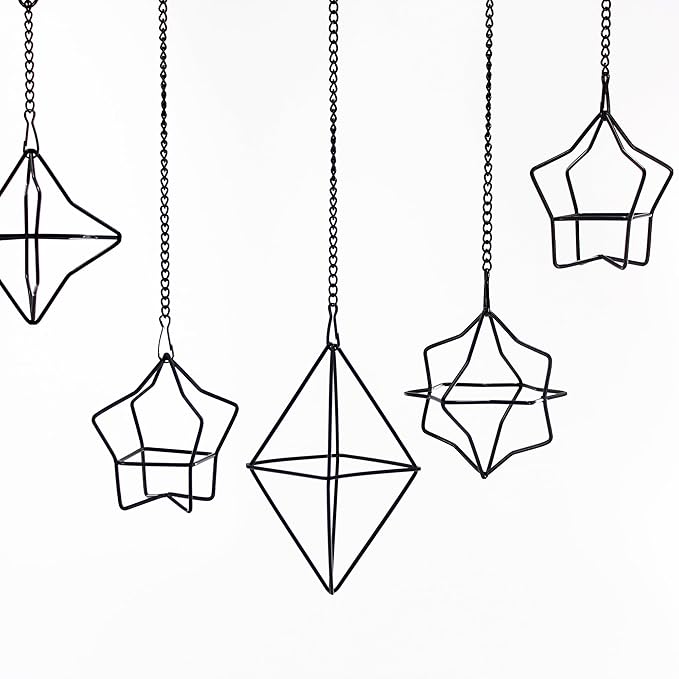 Geometric Air Plant Hanger 6 Pack Black Metal, 3 Shapes & 2 Sizes with Detachable Chains, Modern Himmeli Wall Hanging Planter for Tillandsia Indoor Home Decor