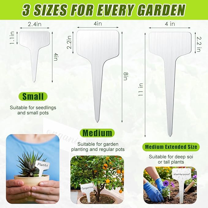 Hicarer 24 Pcs Metal Plant Labels Weatherproof Garden Markers 4" x 2.4" Engraving Stainless Steel 304 T-Type Plant Tags Reusable Nursery Tags for Outdoor Garden Greenhouse Vegetables Herb Flower Seed