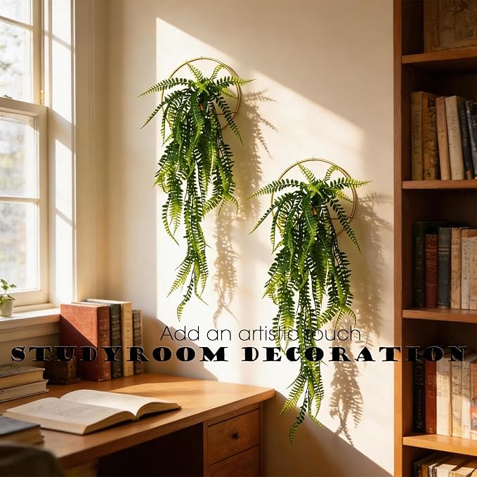 GREENTIME 2 Pack Fake Plants Hanging Artificial Ivy Vine with Gold Round Metal Hanging Vase Faux Hanging Boston Fern for Teacher Appreciation Living Room Bedroom Boho Kitche Wall Shelf Outdoor