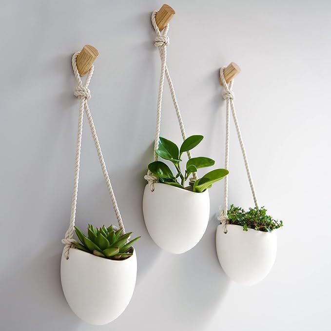 Kazai. Porcelain Wall Vases | 3 Piece Set | Including Wooden Hooks | Matte White