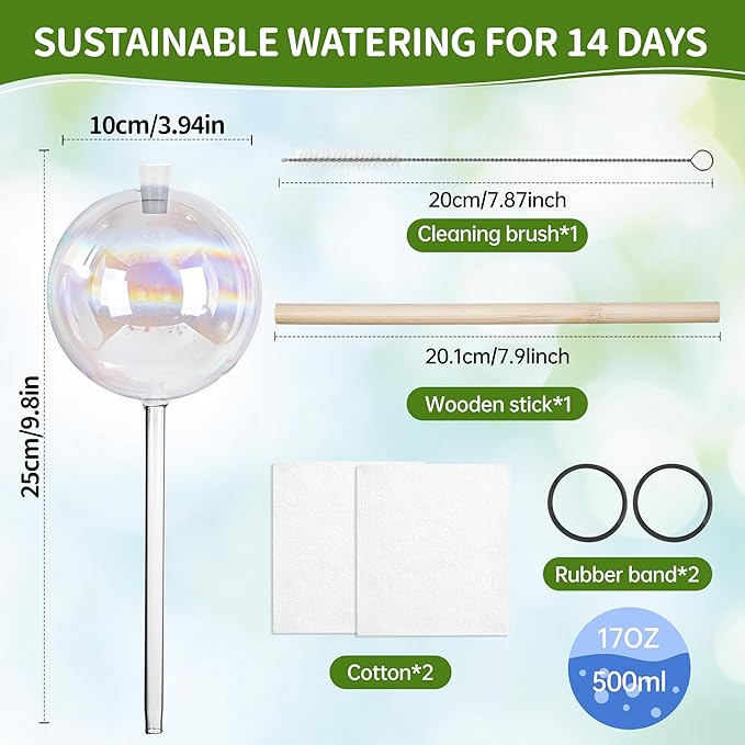17 oz Up 2 Weeks Extra Large Plant Watering Globes, Self Watering Planter Insert, Iridescent Glass Self Watering Globes, Vacation Plant Watering Devices, Automatic Watering Bulbs (Large 2-Pack)