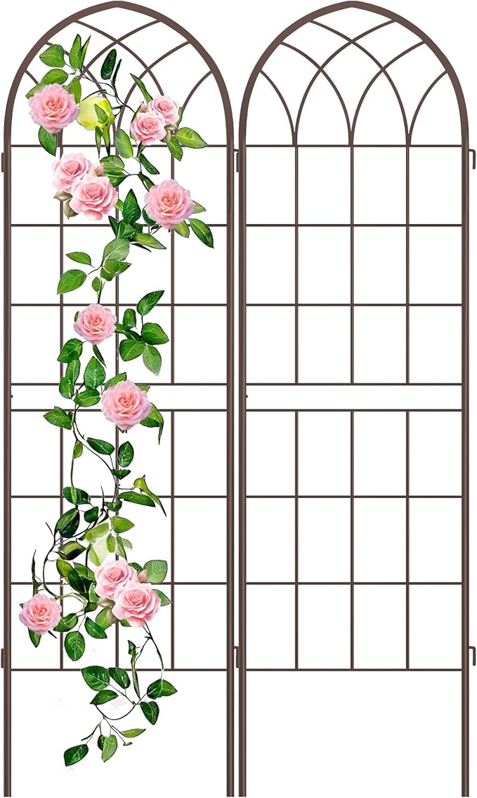 LZRS 2 Pack Rustic Iron Arch Decoration Garden Trellis with Black Metal Coating – Perfect for Supporting Climbing Plants Outdoor, Roses, Vines, Flowers, and Vegetables,Brown