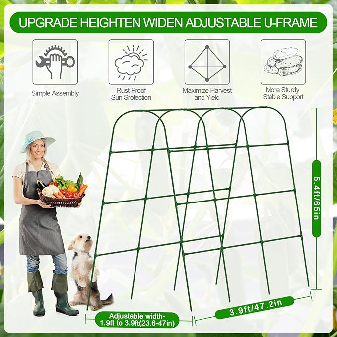 Extra Large Cucumber Trellis for Raised Bed, U-Shape Garden Trellis for Climbing Plants Outdoor,Adjustable Metal Arch Vegetables Trellis,Plant Support Garden Stakes for Vine (Green,65"x49.2"x23.6")