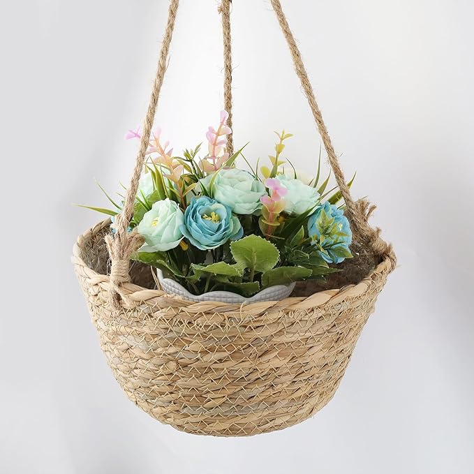 MY MIRONEY 2PCS Hanging Planter Basket Natural Seagrass Woven Plant Pot Hanger Hanging Plant Holder with Twine for Home Decor, Indoor & Outdoor Use, 8.11" x 4.96", Khaki