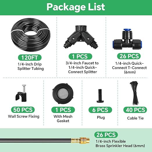 160Ft 1/4" Drip Irrigation System for Garden – 34 Adjustable Copper Nozzles, Automatic Atomizing Sprinkler System for Outdoor Plants Raised Bed, Yard, Potted Plants & Lawn