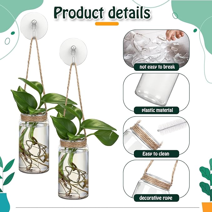 Baderke 9 Sets Window Hanging Propagation Stations 3.54'' Plastic Propagation Vases with Suction Cup & Traceless Nail, Propagated Plant Holder Wall Jars for Office Home Garden Decoration Lover Gift