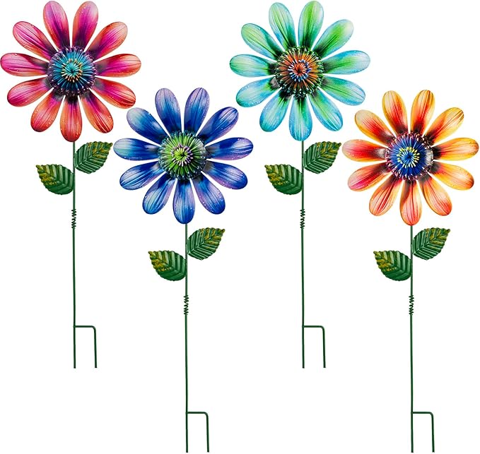 Metal Flowers Garden Stakes Outdoor Decor, 18 inch Shaking Flower Garden Yard Art, Weather Proof Flower Stakes for Yard Lawn Porch Pathway Patio Plant Pot Decorations, 4 Pack (Flower-b-Head)