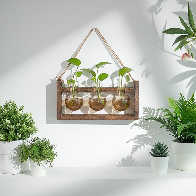 Plant Propagation Station with Wood Stand - Farmhouse Wood Wall Decor - Gift for Women Plant Lovers (Gradient Brown)