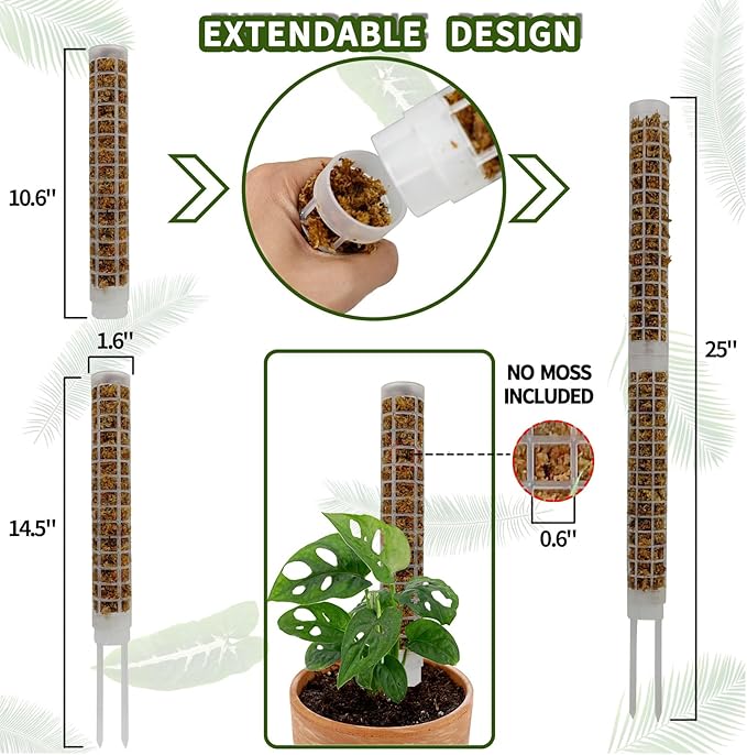 Small Moss Pole for Monstera - Stackable & Refillable Plastic Moss Poles for Climbing Plants with Large Mesh Design (4Pack-White-Small)