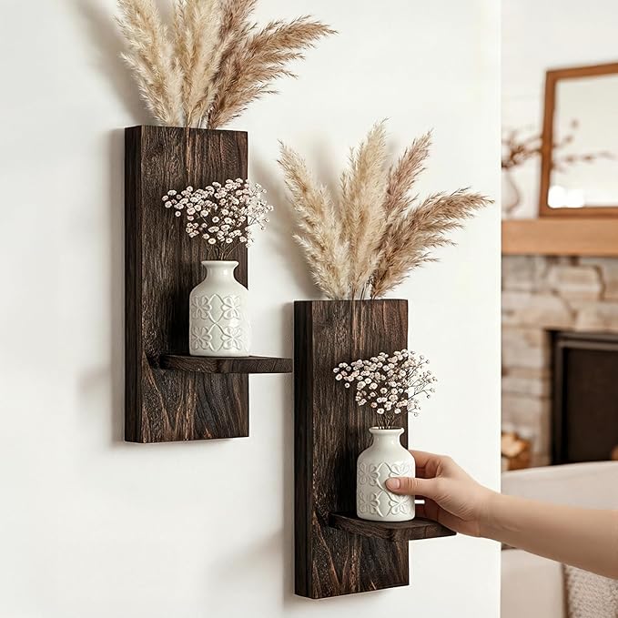 Wood Wall Planter Set of 2, Wooden Wall-Mounted Vase with Shelf for Plants & Candles, Farmhouse Hanging Wall Decor for Living Room, Bedroom, Bathroom, Entryway, Narrow Spaces, 13.8" x 5"