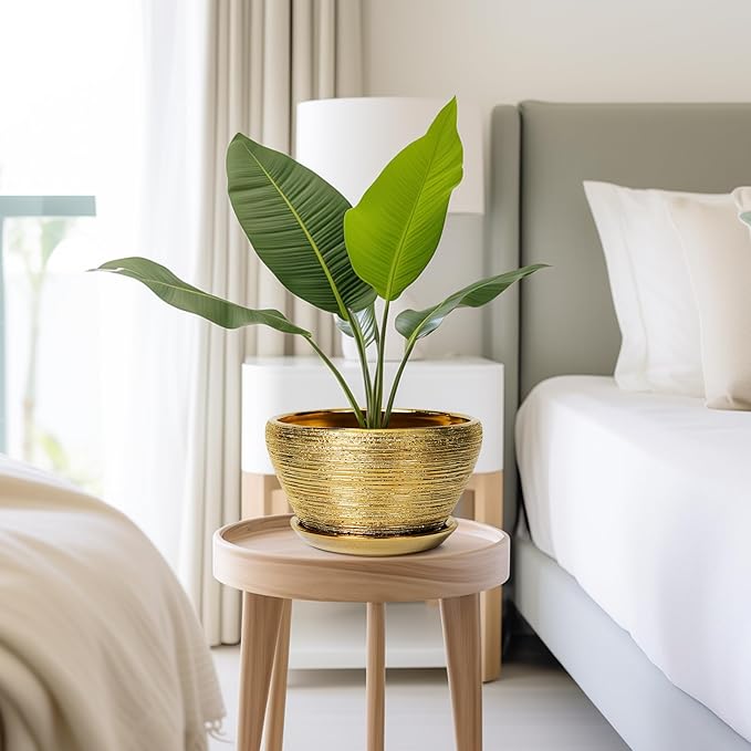 Ceramicfor Ceramic Plant Pot Indoor - 9 Inch Planters for Outdoor Plants Decorative Plant Pot with Drainage Hole and Saucer Round Planter Modern Flower Pot Decorative for House Decor Gold