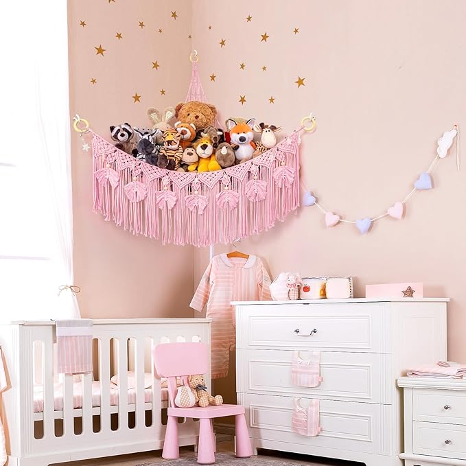 ANROYE Macrame Stuffed Animal Storage with Star Light, Bear Pink Hammock for Girls Room Decor, Corner Hanging Mesh Organizer Idea for Nursery, Plushies Toy Wall Hanging Display Holder Kid Boy Gift