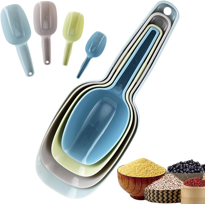 Ice Scoop Set of 4, Plastic Kitchen Scoops for Canisters, Flour, Dry Foods, Candy, Pop Corn, Coffee Beans and Pet Food