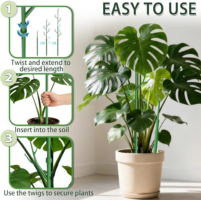 Telescoping Monstera Plant Support Stakes,17IN to 43IN Detachable Branch Plant Sticks Support Tall for Indoor Outdoor Climbing Plants,Adjustable Length Plant Accessories for Potted Plant-2 Pack