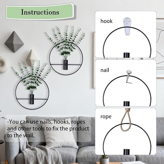 GREENTIME 2 Pack Hanging Plants Faux Eucalyptus with Black Round Metal Hanging Vase for Teacher Appreciation Living Room Bedroom Boho Kitche Wall Shelf Outdoor