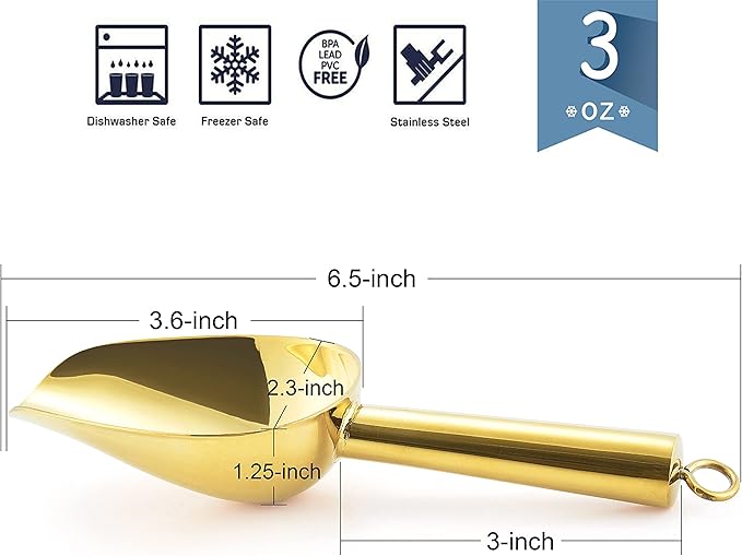 Mini Ice Scoop Set of 2, E-far 3 Ounce Gold Stainless Steel Scoops for Candy/Flour/Sugar, Small Metal Scoops for Party/Canisters Jars/Kitchen Bar/Ice Maker, Rust Proof & Dishwasher Safe