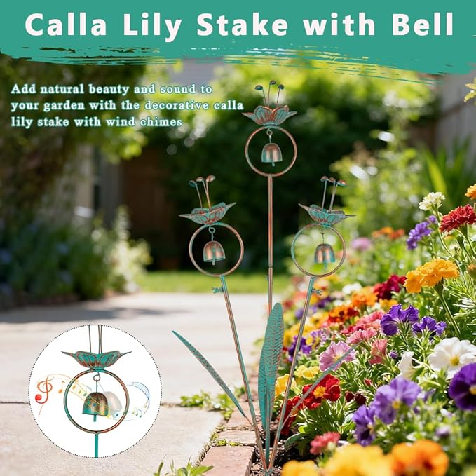 Calla Lily Garden Stake with Bells, Metal Flower Decorative Garden Stakes, 34" H Yard Art for Outdoor Lawn Patio Pathway Decor, Copper Green
