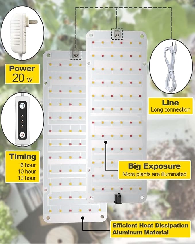 Grow Light,20W Ultra-Thin LED Grow Lights for Indoor Plants Full Spectrum, 6/10/12H Timer Plant Light, 132 LEDs Under Cabinet Plant Growing Lamp Strip for Seedlings, Veg, Flower 2-Pack