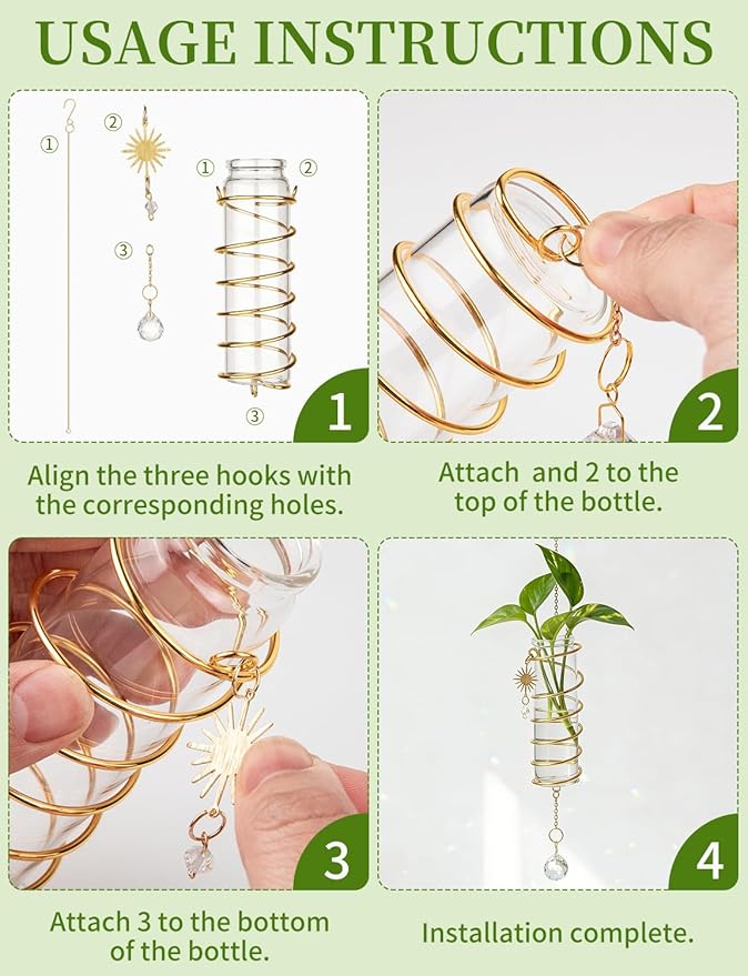 3 Pack Hanging Propagation Station with Crystal Sunshine Catcher Glass Window Propagation Tubes Vases with Gold Metal Chain for Indoor Hydroponics Plants Home Decor