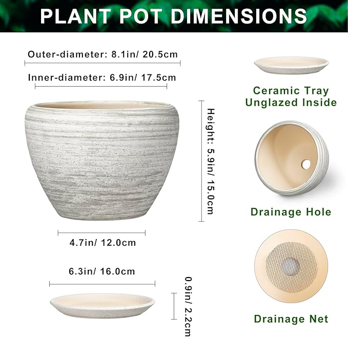 Indoor Plant Pots 8 Inch - Ceramic Plant Pots with Drainage Hole and Saucer, Large Flower Pot for Indoor Plants Outdoor, Round Planters, Garden Decor, Gifts for Plant Lovers, Textured Grey