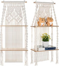 Barydat 2 Pack Macrame Wall Hanging Shelf 2 Tier Handmade Boho Hanging Wall Shelf Floating Woven Rope Decorative Storage Racks Holder Organizer for Home Bedroom Bathroom Plants, Beige (Elegant)