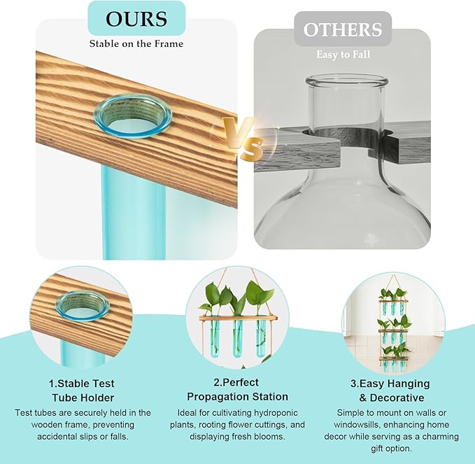 XXXFLOWER Wall Hanging Propagation Station with Wooden Stand 9 Test Tubes Vases Tiers Planters Wall Terrarium for Home Office Plant Hanger Flower Vases Wall Decor Hydroponic Cuttings(Blue)