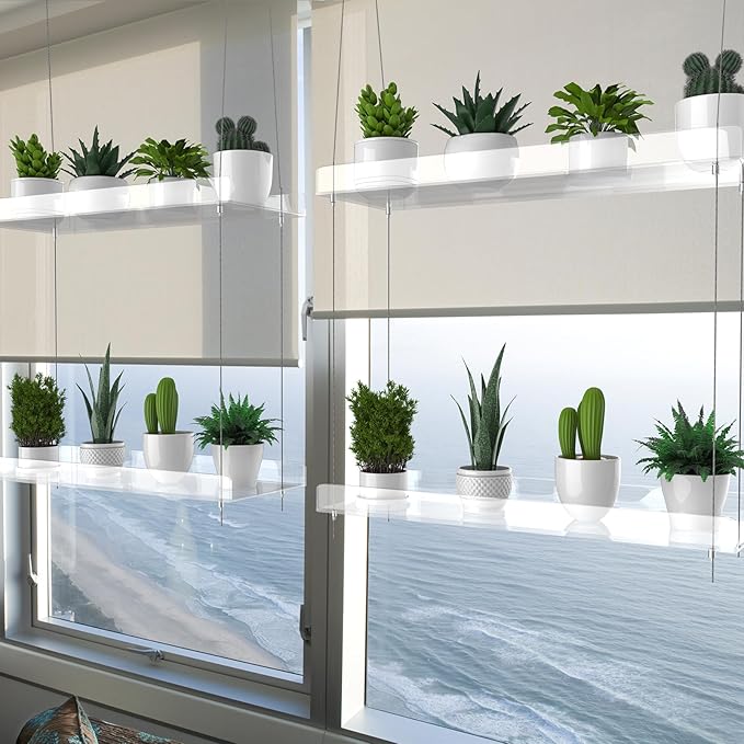 2-Tier Hanging Clear Plant Shelves for Windows, Acrylic Window Wall Plant Stand Shelf for Kitchen Indoor Gardens, Flower,Herb, Seedling Organization, and Pots Display, 16 Inch per Tier