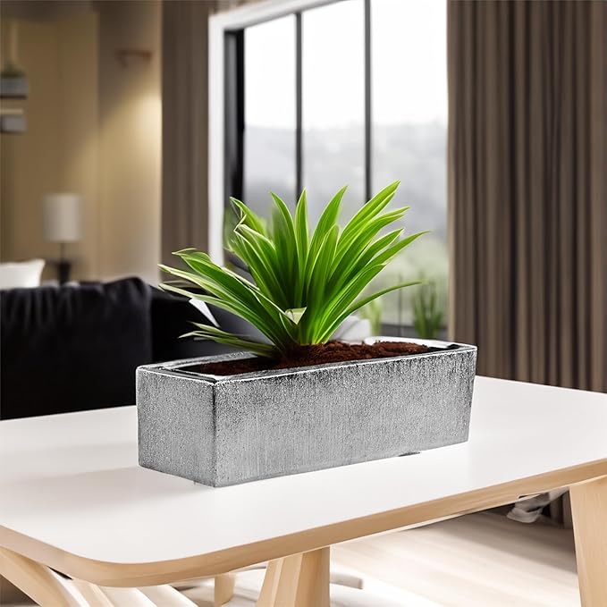 WGVI Long Rectangle Ceramic Planter Vase in Silver Etched 14" x 4" x 4"H, Rectangular Box Block Terrarium Pot, Flower Arrangement, Tabletop Centerpiece, Home Décor, Storage Container, 1 Pc.