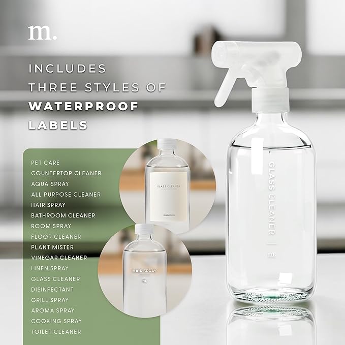 MAISONOVO Glass Spray Bottles for Cleaning - 16.9 fl oz Clear x 2 with 16 Labels
