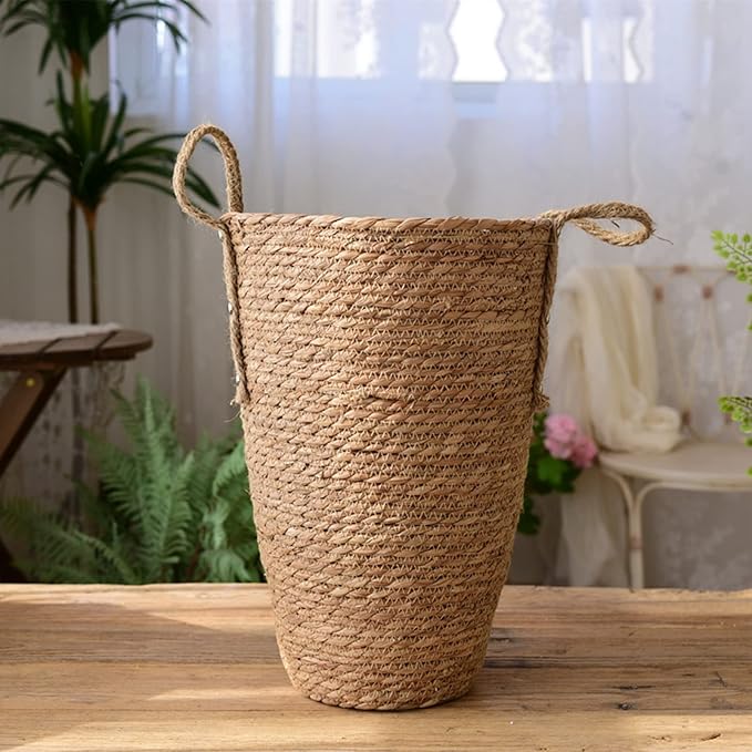 Wnvivi Grass Woven Flower Basket,Rustic Rattan Flower Pot with Plastic Liner,Seagrass Garden Planter Basket,Handwoven Storage Container (L)