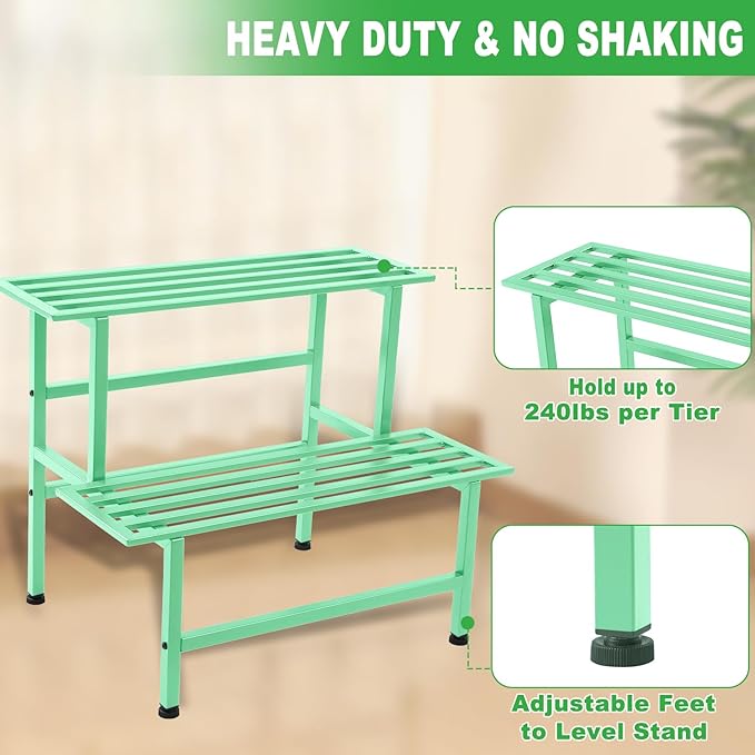 Dipion Metal Plant Stand Outdoor Plant Shelf Indoor,2 Tier Heavy Duty Ladder Plant Stands for Multiple Plants,26" L x 20.25" H x 17.75" W,Mint Green