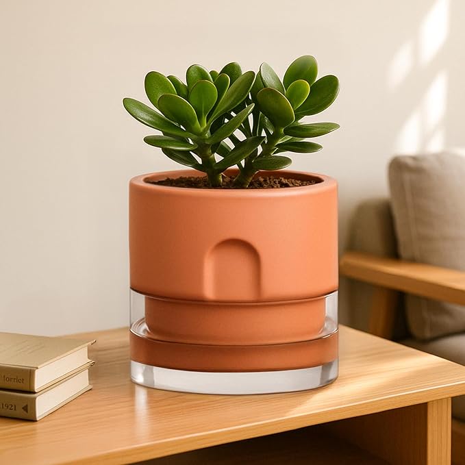 GUGUGO Self Watering Pot for Indoor Plants, 6 Inch Self-Watering Terracotta Plant Pots, Terracotta Planters with Clear Reservoir, Terra Cotta Flower Pots Planters, Large Modern Office Home Décor