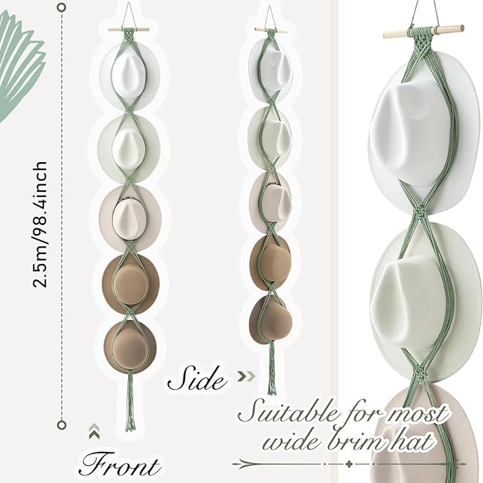 Yulejo Macrame Hat Hangers Boho Hat Rack Cowboy Hat Hanger Back of Door Hat Organizer (Sage Green,Five Hats Style)