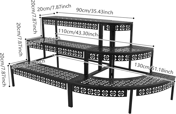 3 Tier Plant Stand for Indoor Outdoor, Large Capacity Iron Plant Shelf Stand for Multiple Potted Plants with Stepped Design,35.43/43.31/51.18in,Vintage Black Fan Shape Garden Stands